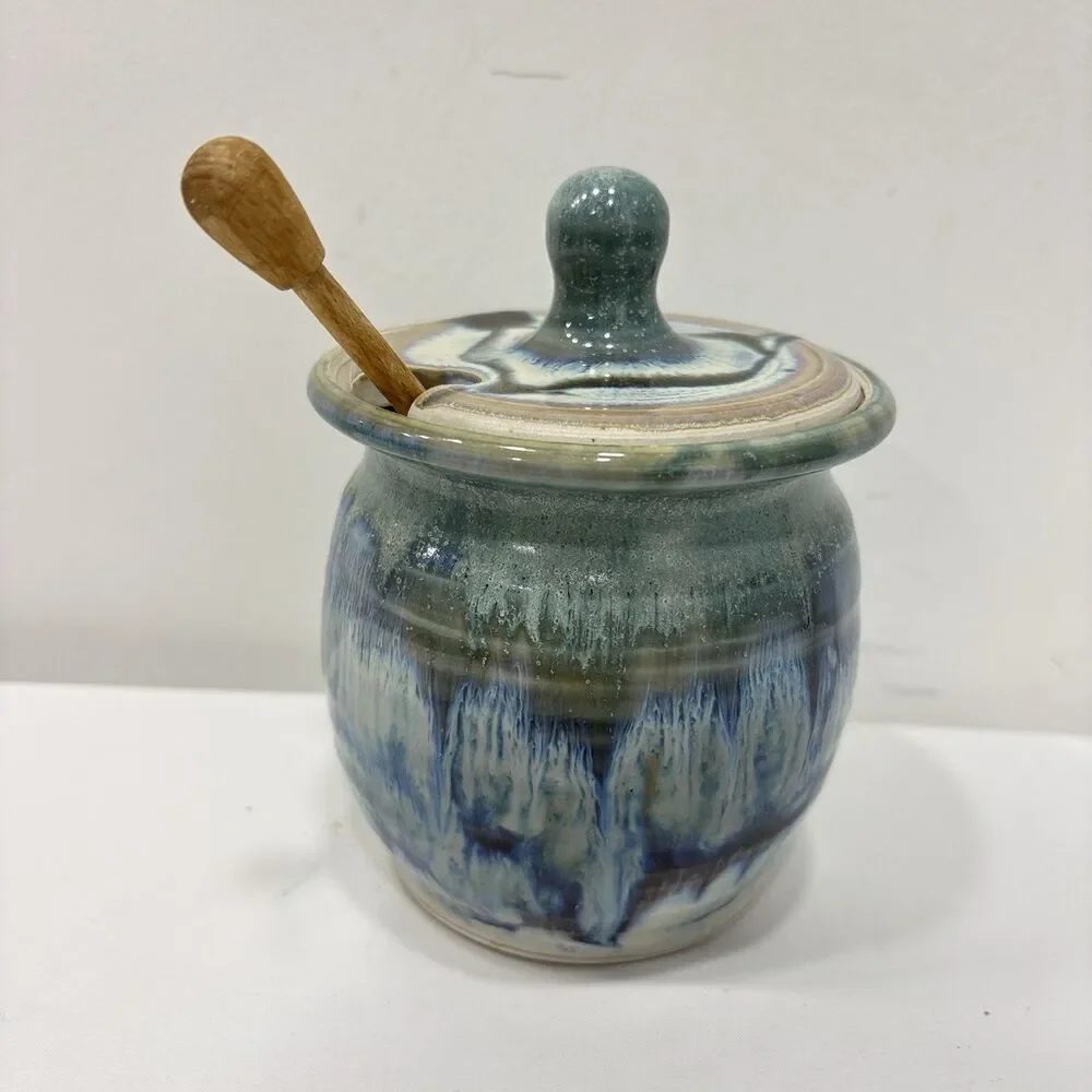 Stoneware glazed Honey Pot with Hand Turned Wooden Honey Stick Server Gorgeous